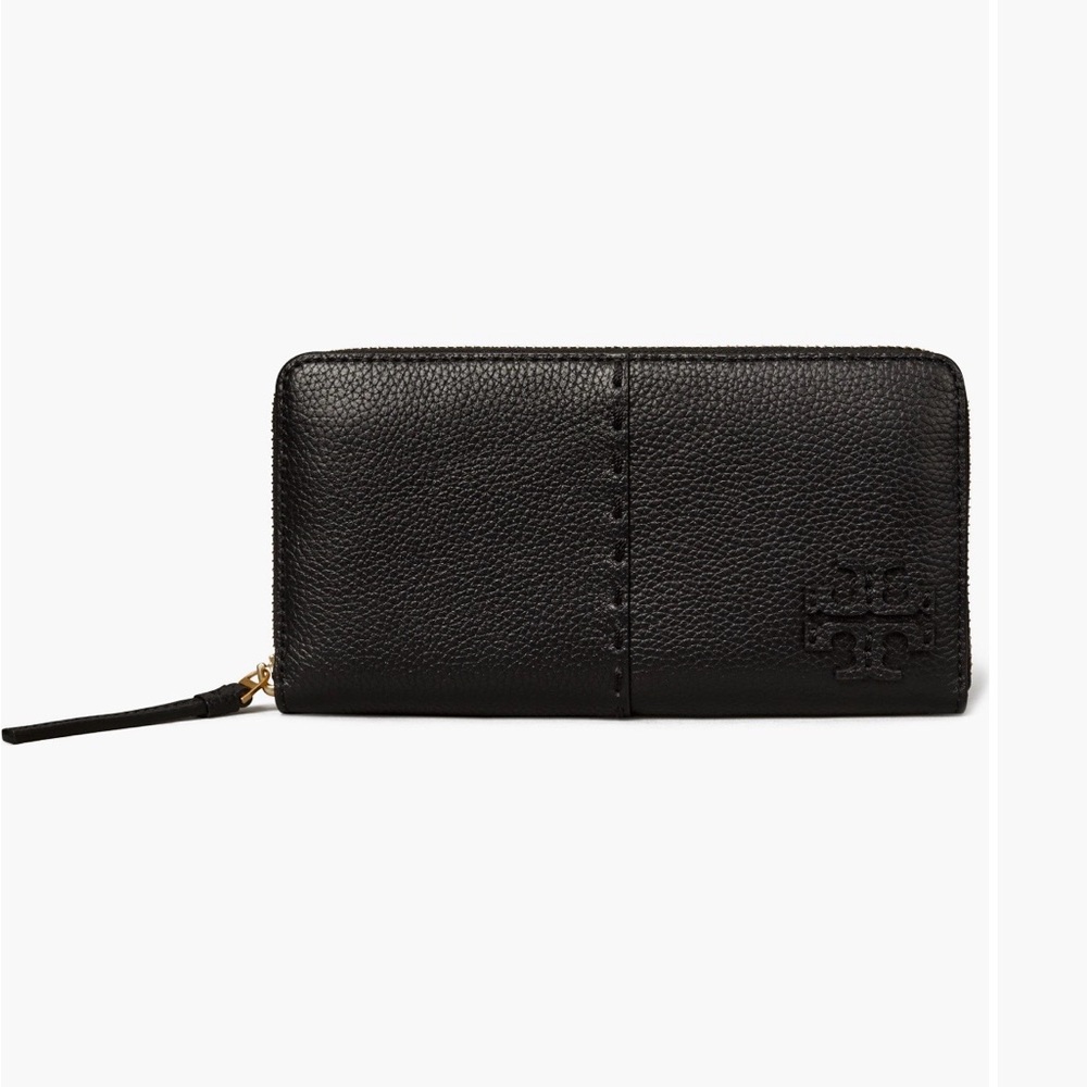 Tory Burch McGraw Zip Continental Wallet in black pebbled leather